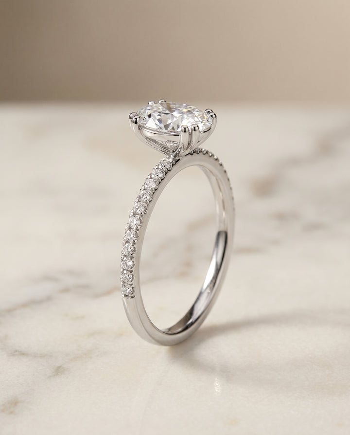 The Kelly Pavé Engagement Ring Setting for Oval Diamonds in Platinum