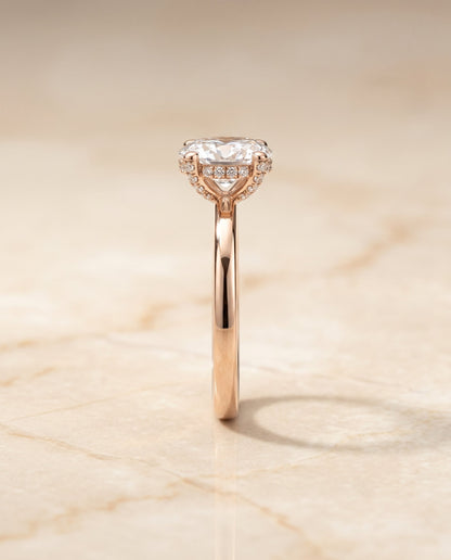 Lana Select Hidden Halo Oval Lab Diamond Engagement Ring in 14K Rose Gold, side view | RockHer