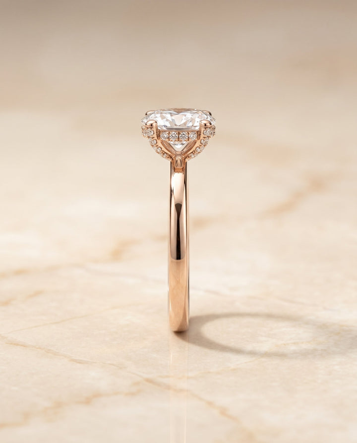 Lana Select Hidden Halo Oval Lab Diamond Engagement Ring in 14K Rose Gold, side view | RockHer