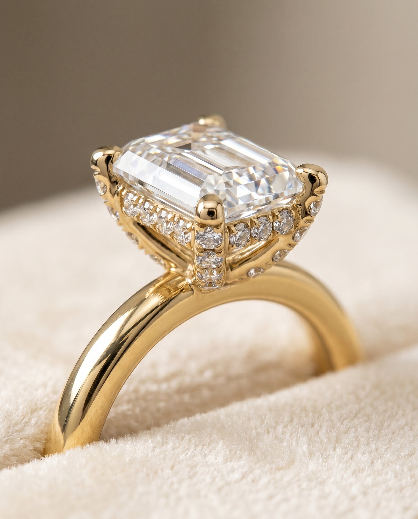 The Lana Pavé Halo Engagement Ring Setting for Emerald Cut Diamonds in 18K Yellow Gold