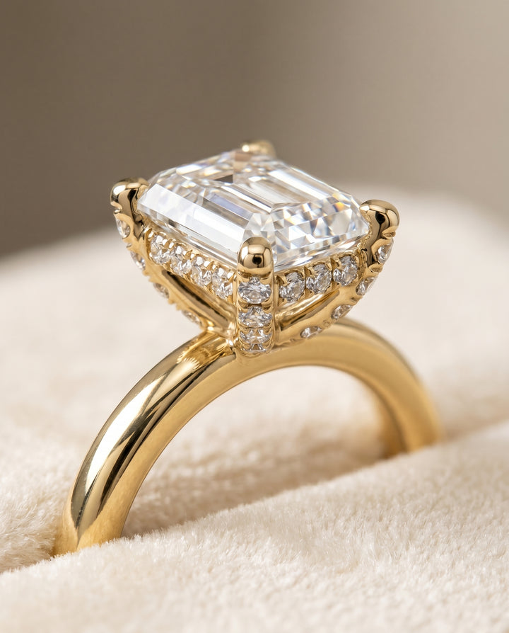 The Lana Pavé Halo Engagement Ring Setting for Emerald Cut Diamonds in 18K Yellow Gold