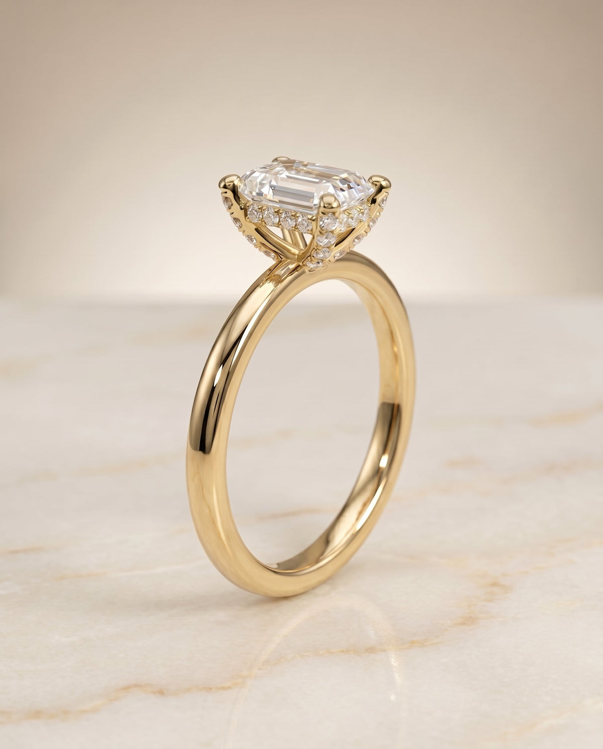 Lana Select Hidden Halo Emerald Cut Lab Diamond Engagement Ring in 18K Yellow Gold, front view | RockHer