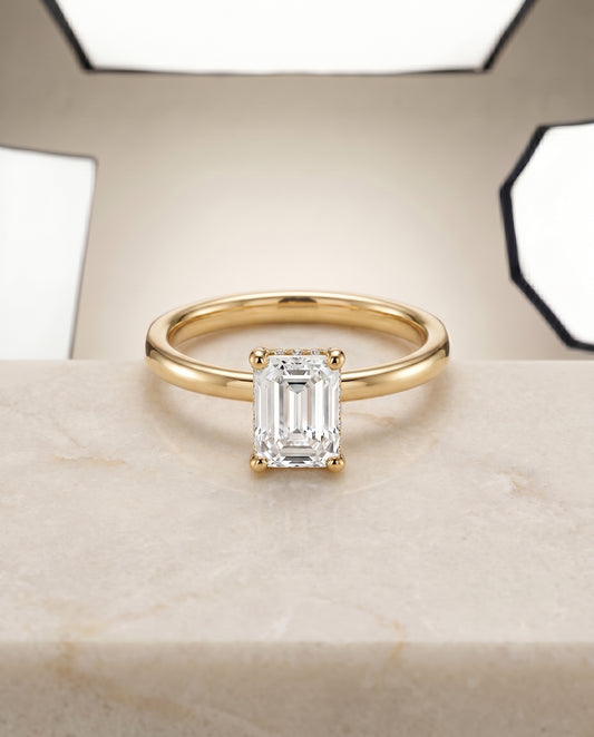The Lana Pavé Halo Engagement Ring Setting for Emerald Cut Diamonds in 18K Yellow Gold