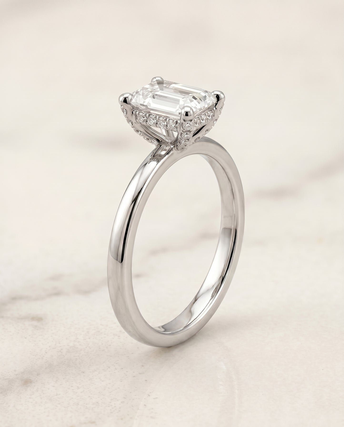 The Lana Pavé Halo Engagement Ring Setting for Emerald Cut Diamonds in 18K White Gold