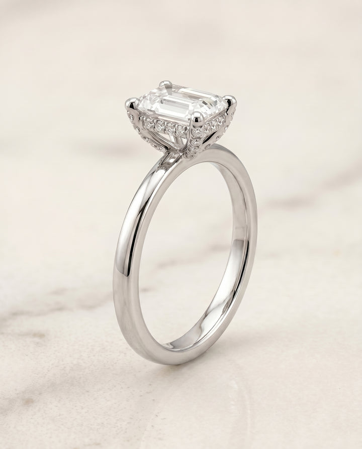 The Lana Pavé Halo Engagement Ring Setting for Emerald Cut Diamonds in 18K White Gold
