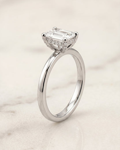 Lana Select Hidden Halo Emerald Cut Lab Diamond Engagement Ring in Platinum, front view | RockHer