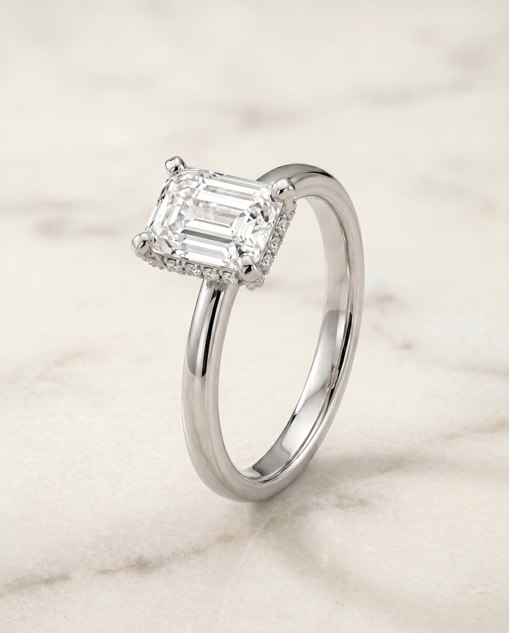 The Lana Pavé Halo Engagement Ring Setting for Emerald Cut Diamonds in 18K White Gold