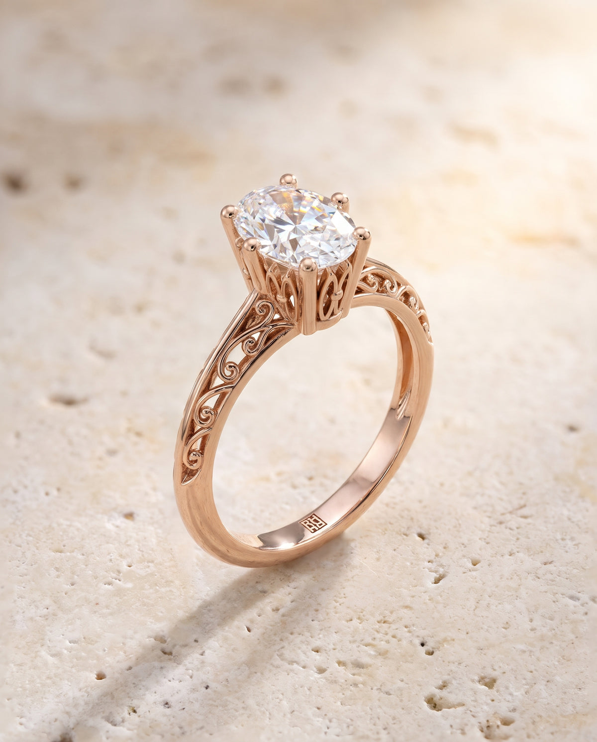 The Layla Vintage Scroll Cutout Solitaire Oval Engagement Ring Setting in 14K Rose Gold