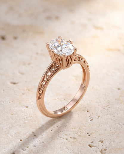 The Layla Vintage Scroll Cutout Solitaire Oval Engagement Ring Setting in 14K Rose Gold