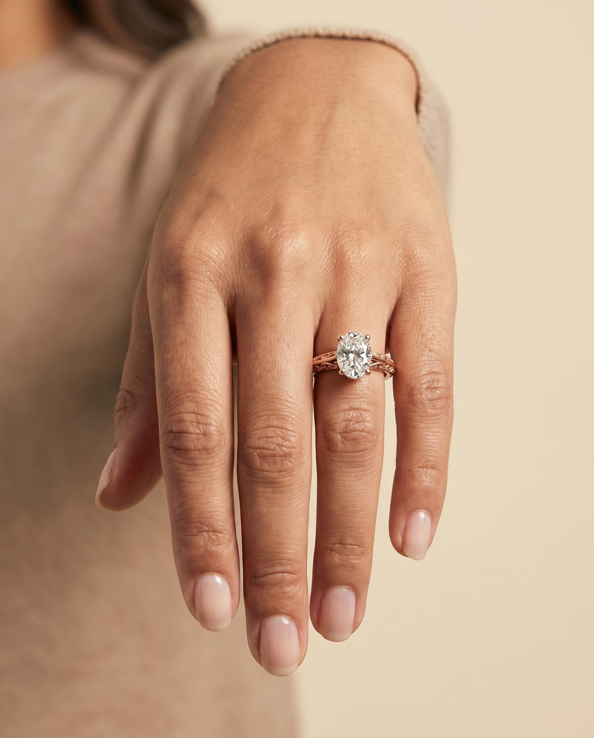 The Layla Vintage Scroll Cutout Solitaire Oval Engagement Ring Setting in 14K Rose Gold