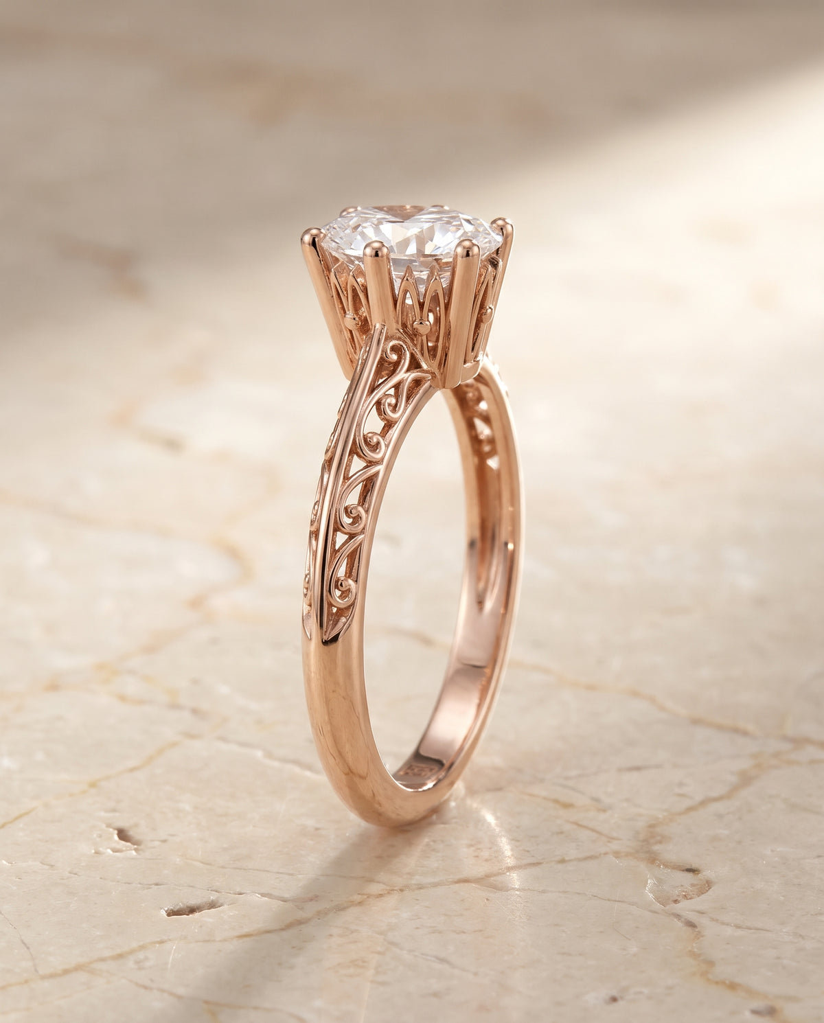 The Layla Vintage Scroll Cutout Solitaire Oval Engagement Ring Setting in 14K Rose Gold