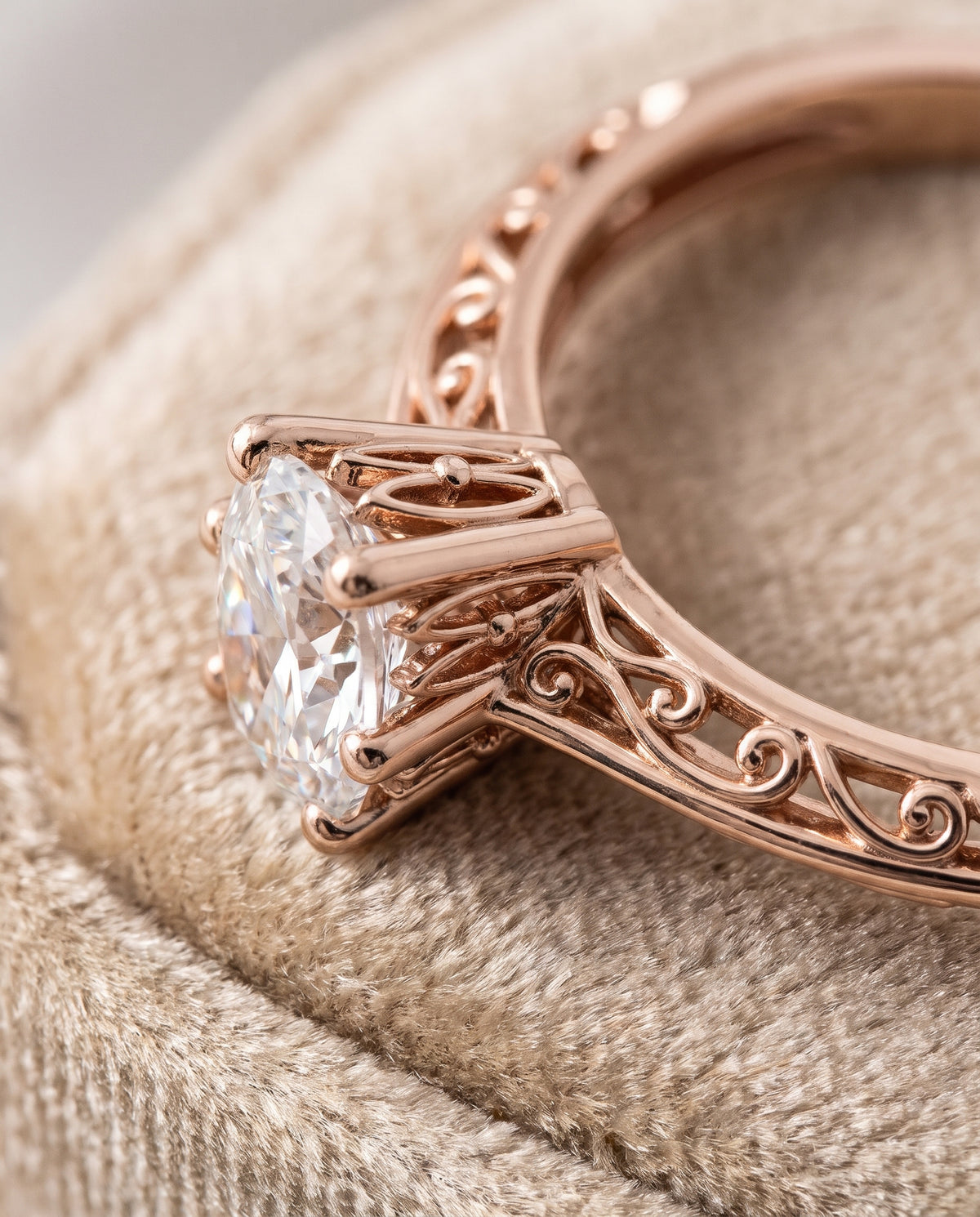The Layla Vintage Scroll Cutout Solitaire Oval Engagement Ring Setting in 14K Rose Gold