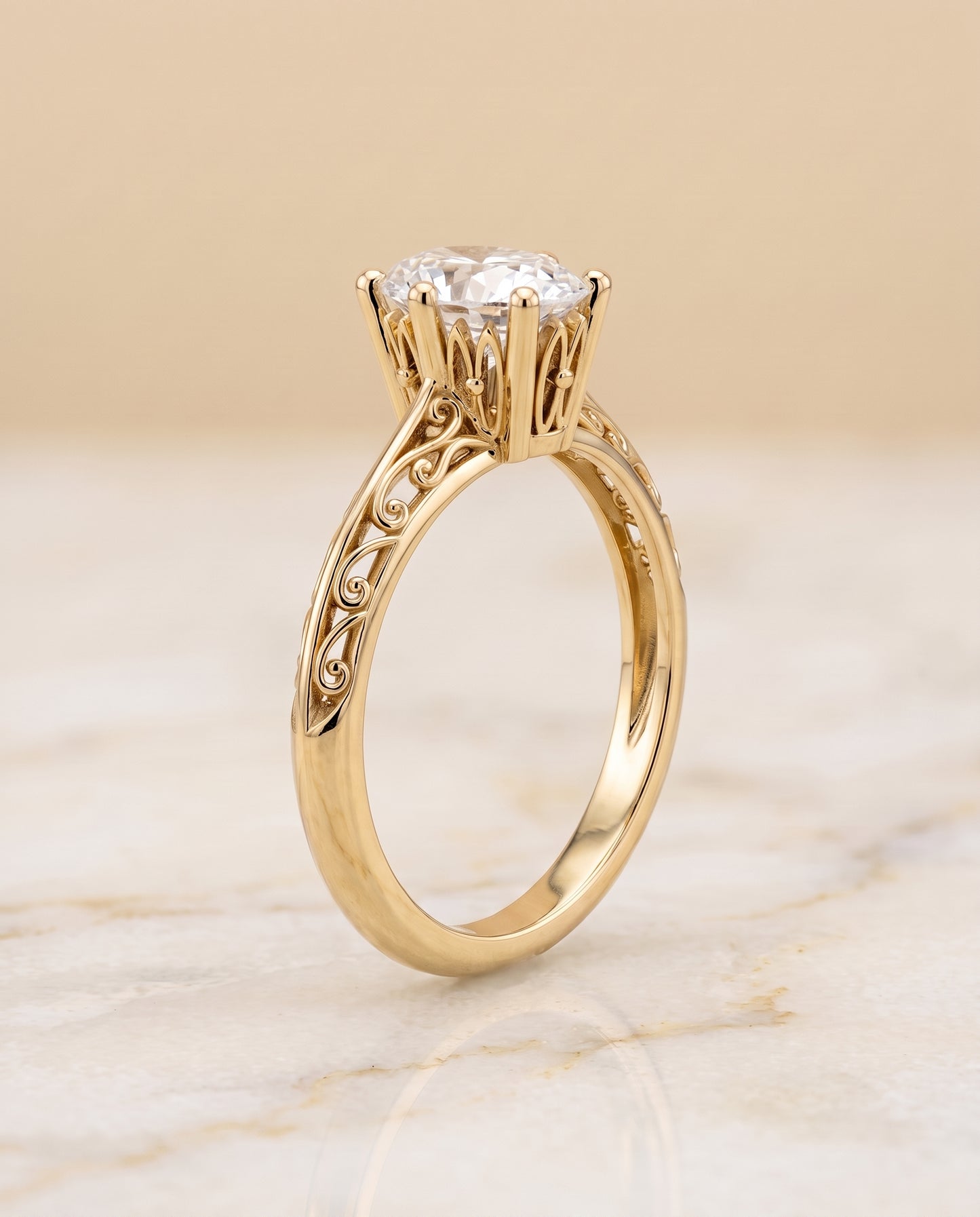 The Layla Vintage Scroll Cutout Solitaire Oval Engagement Ring Setting in 18K Yellow Gold