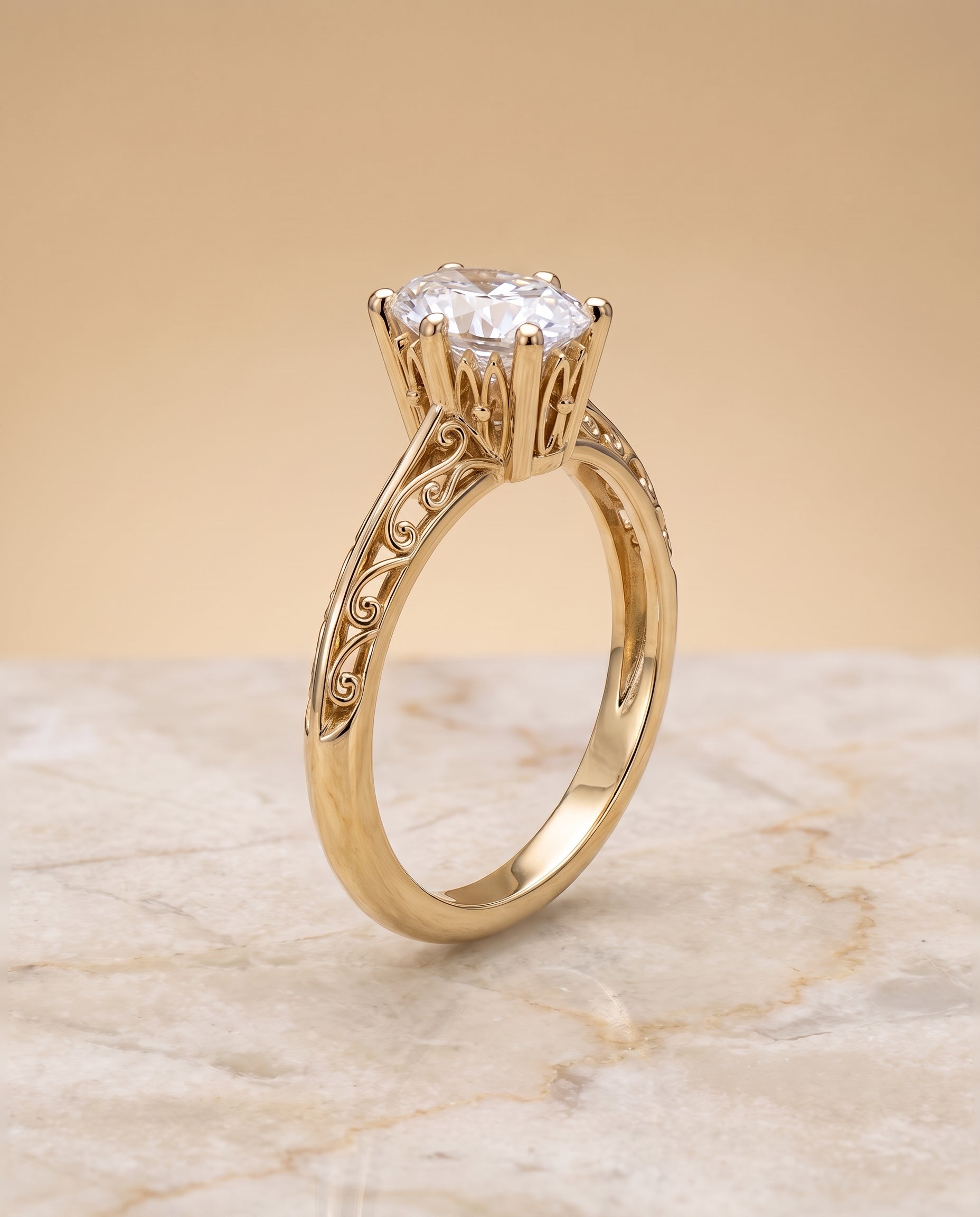 The Layla Vintage Scroll Cutout Solitaire Oval Engagement Ring Setting in 18K Yellow Gold