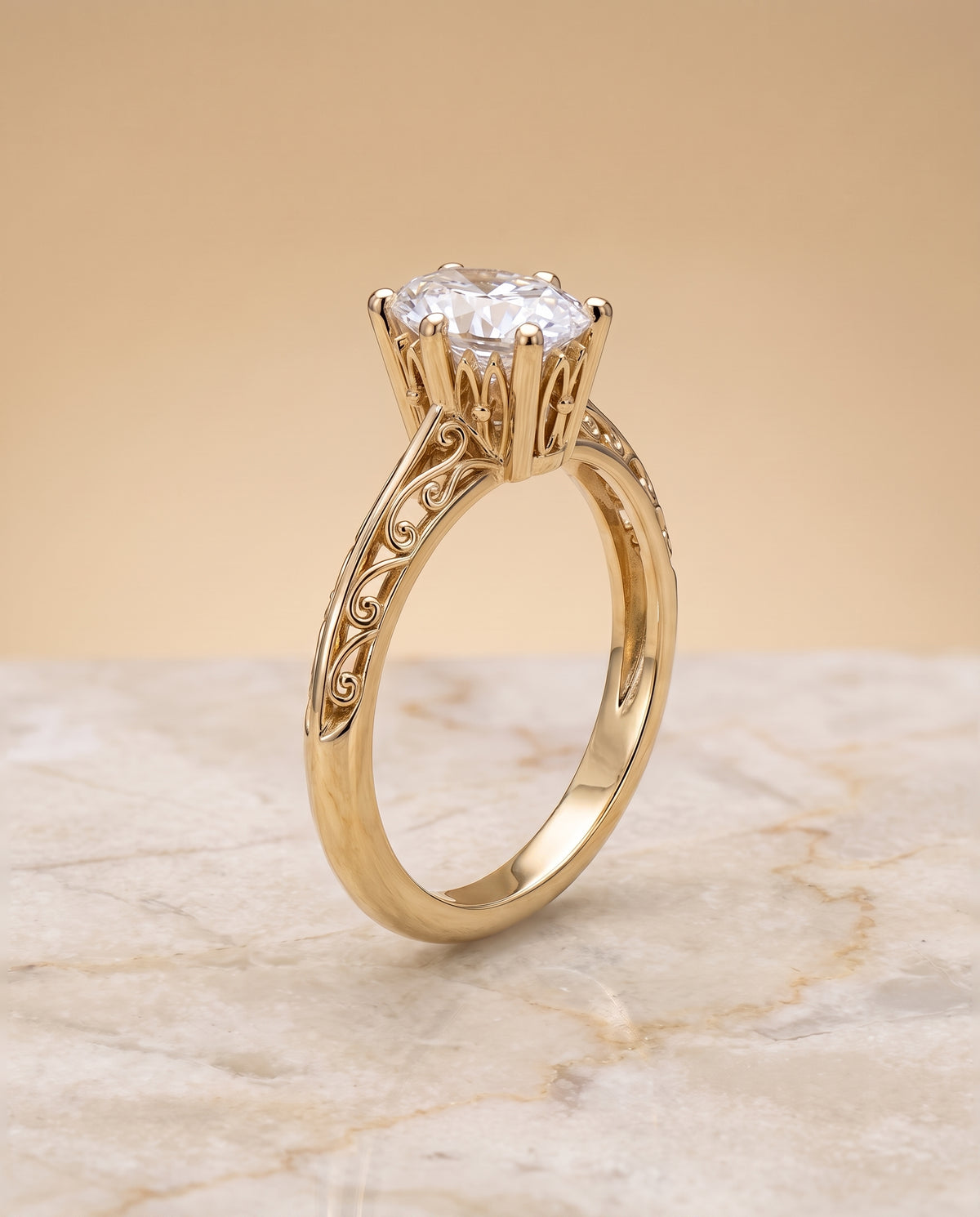 The Layla Vintage Scroll Cutout Solitaire Oval Engagement Ring Setting in 18K Yellow Gold