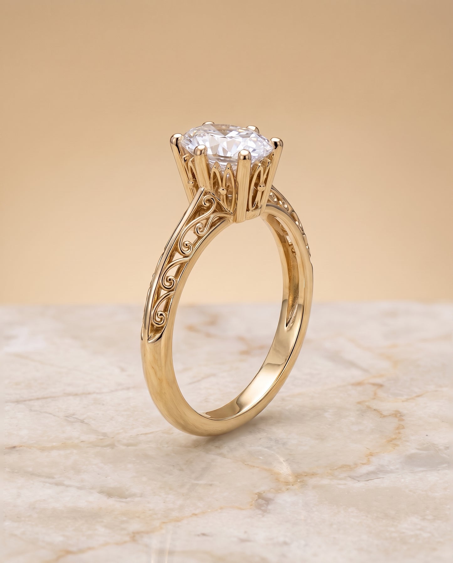 The Layla Vintage Scroll Cutout Solitaire Oval Engagement Ring Setting in 18K Yellow Gold
