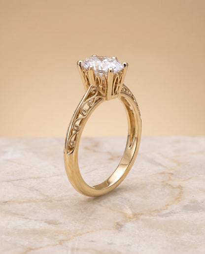 The Layla Vintage Scroll Cutout Solitaire Oval Engagement Ring Setting in 18K Yellow Gold