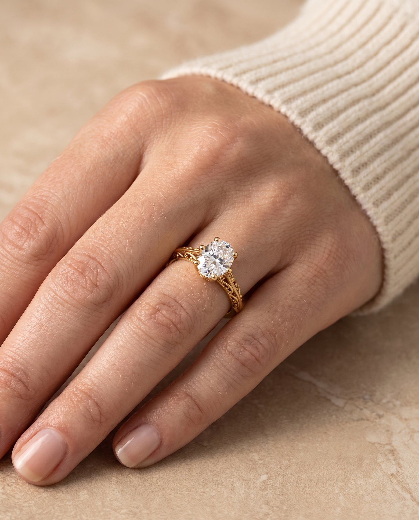 The Layla Vintage Scroll Cutout Solitaire Oval Engagement Ring Setting in 18K Yellow Gold