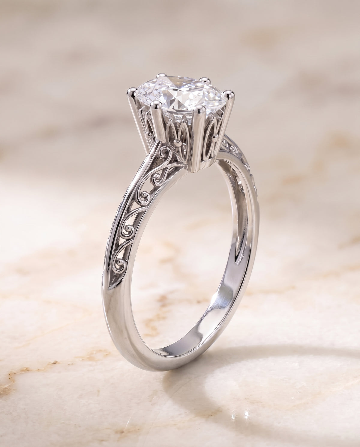 The Layla Vintage Scroll Cutout Solitaire Oval Engagement Ring Setting in 18K White Gold