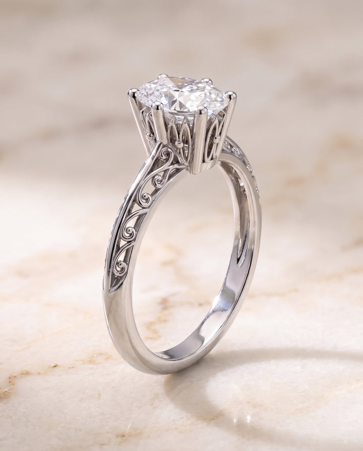 The Layla Vintage Scroll Cutout Solitaire Oval Engagement Ring Setting in 18K White Gold