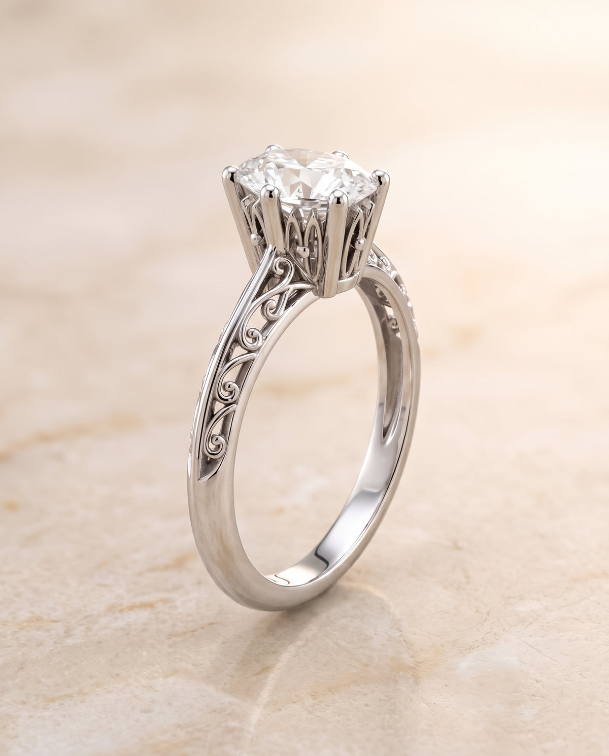 The Layla Vintage Scroll Cutout Solitaire Oval Engagement Ring Setting in Platinum