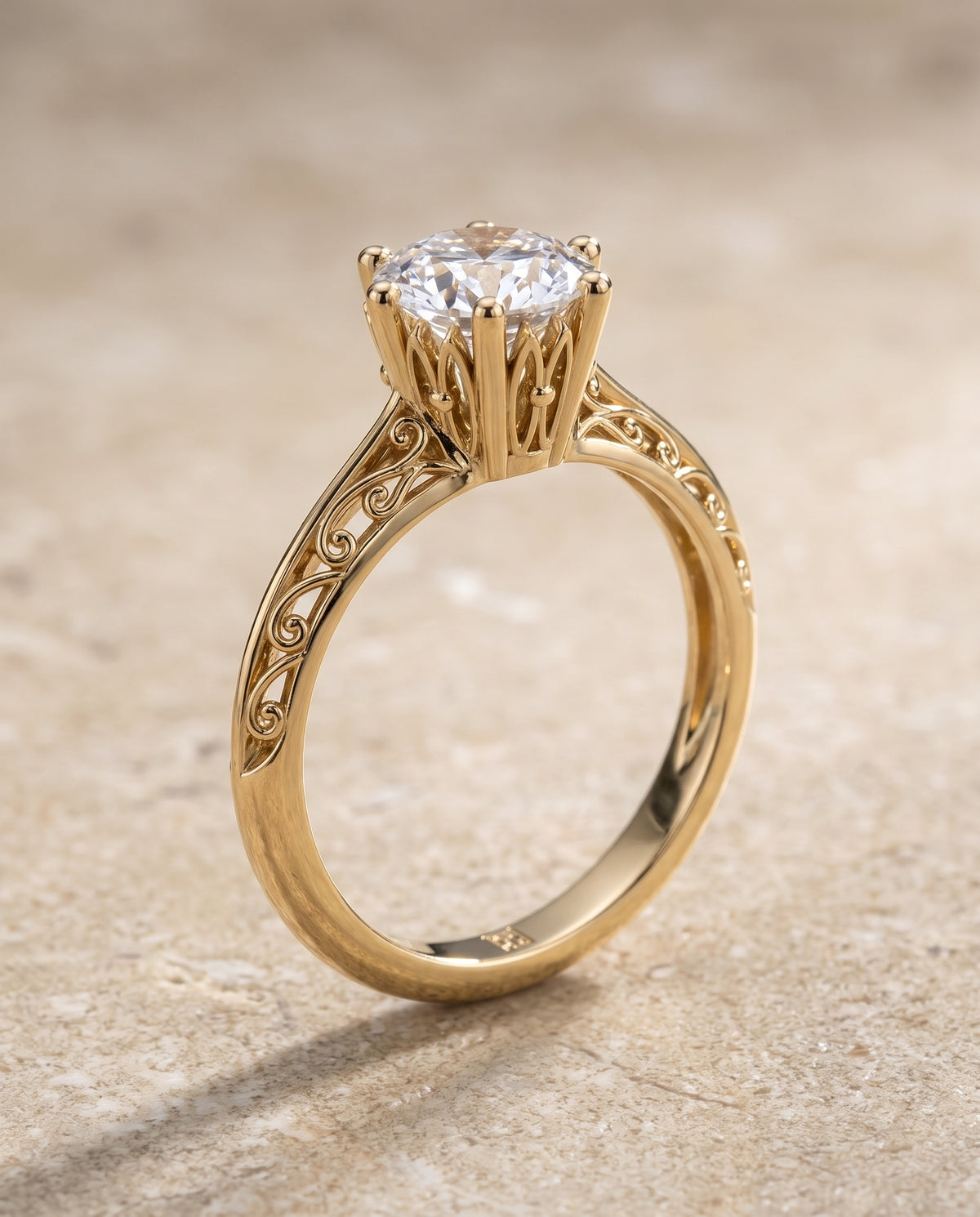 The Layla Vintage Scroll Cutout Solitaire Round Engagement Ring Setting in 18K Yellow Gold
