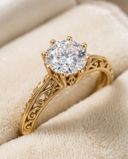 The Layla Vintage Scroll Cutout Solitaire Round Engagement Ring Setting in 18K Yellow Gold