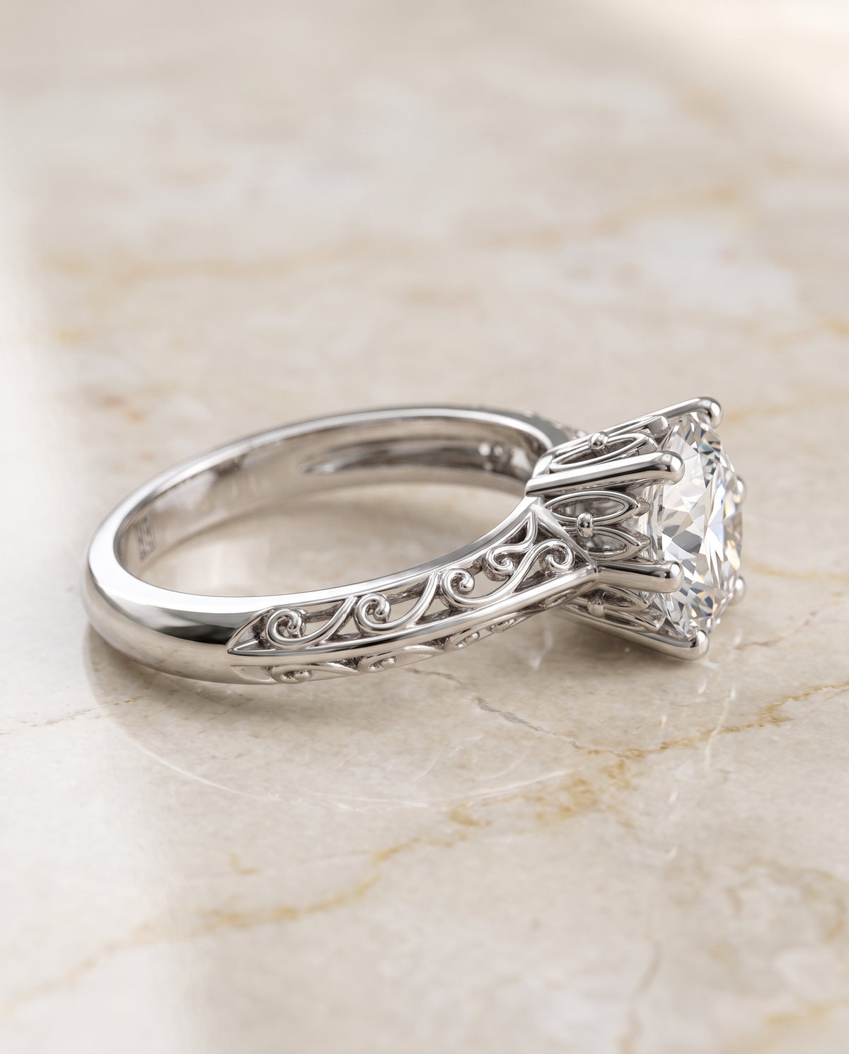 The Layla Vintage Scroll Cutout Solitaire Round Engagement Ring Setting in Platinum