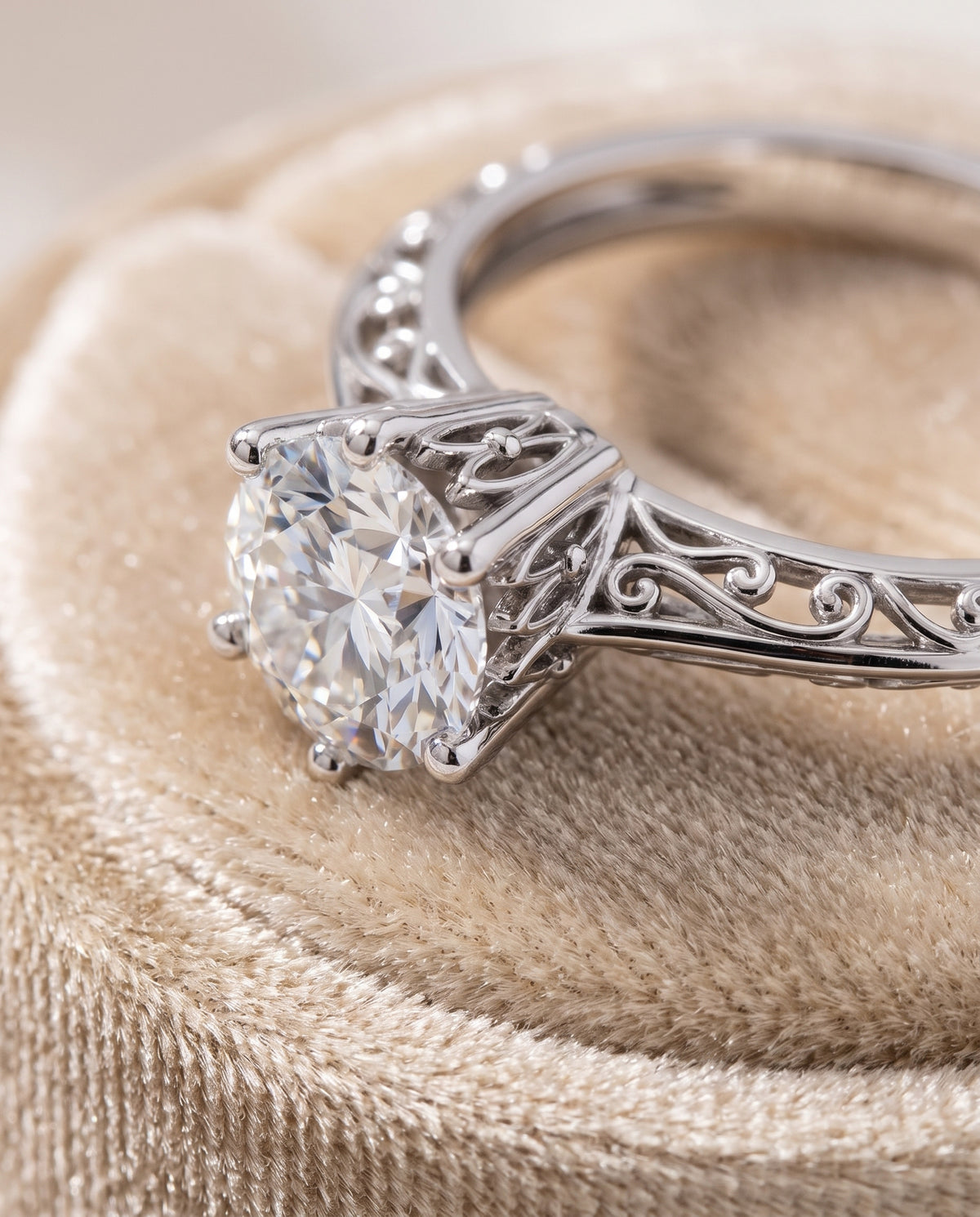 The Layla Vintage Scroll Cutout Solitaire Round Engagement Ring Setting in Platinum
