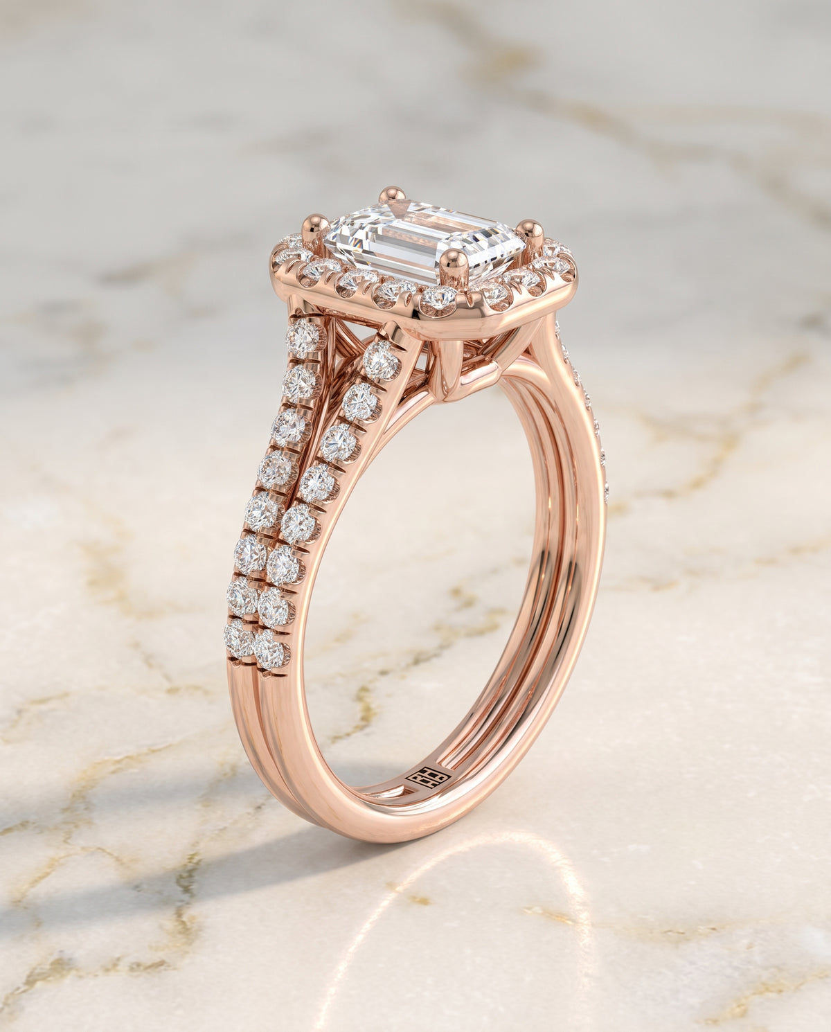 The Lira French Pavé Split Shank Halo Emerald Cut Engagement Ring Setting in 14K Rose Gold