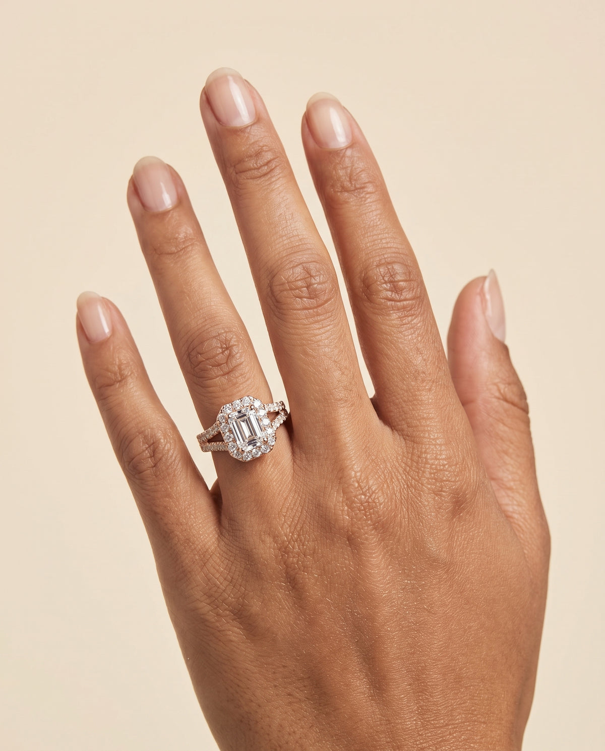 The Lira French Pavé Split Shank Halo Emerald Cut Engagement Ring Setting in 14K Rose Gold