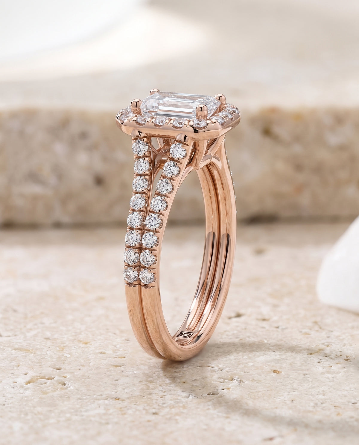 The Lira French Pavé Split Shank Halo Emerald Cut Engagement Ring Setting in 14K Rose Gold