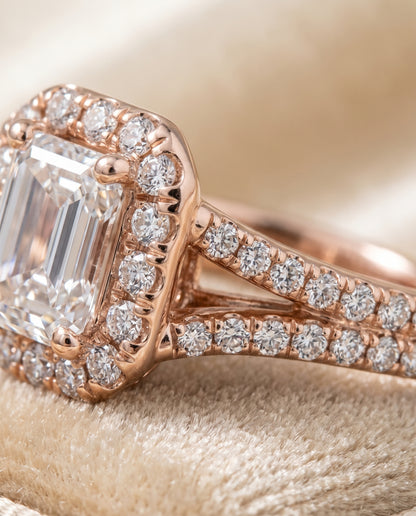 The Lira French Pavé Split Shank Halo Emerald Cut Engagement Ring Setting in 14K Rose Gold