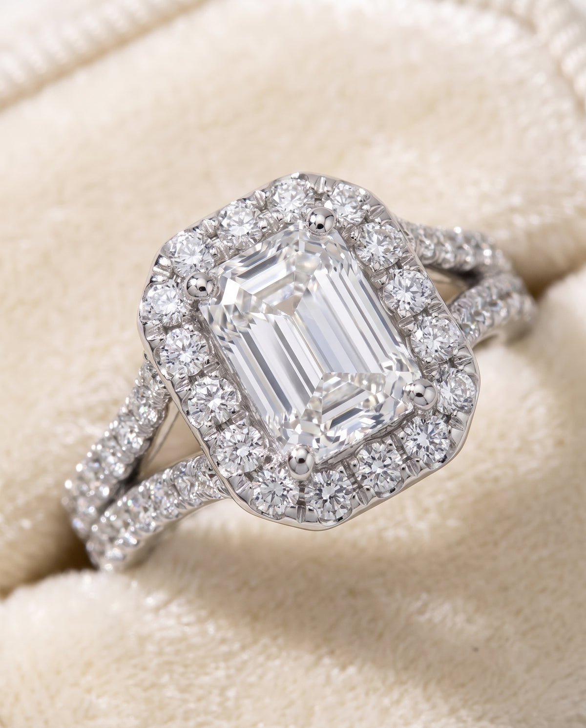 The Lira French Pavé Split Shank Halo Emerald Cut Engagement Ring Setting in Platinum