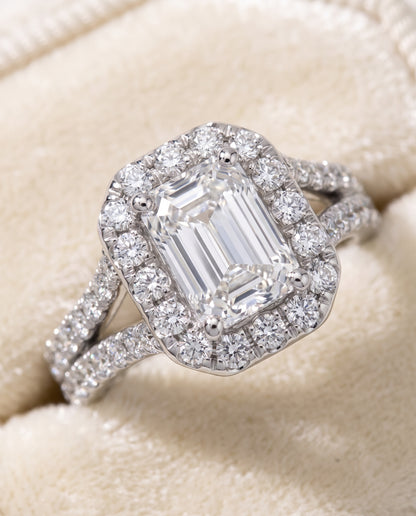 The Lira French Pavé Split Shank Halo Emerald Cut Engagement Ring Setting in Platinum