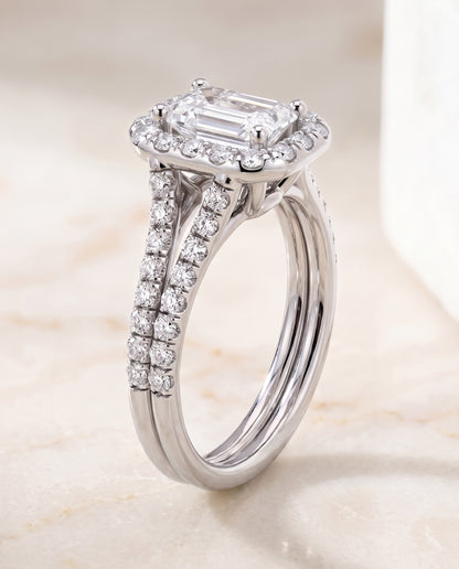 The Lira French Pavé Split Shank Halo Emerald Cut Engagement Ring Setting in Platinum