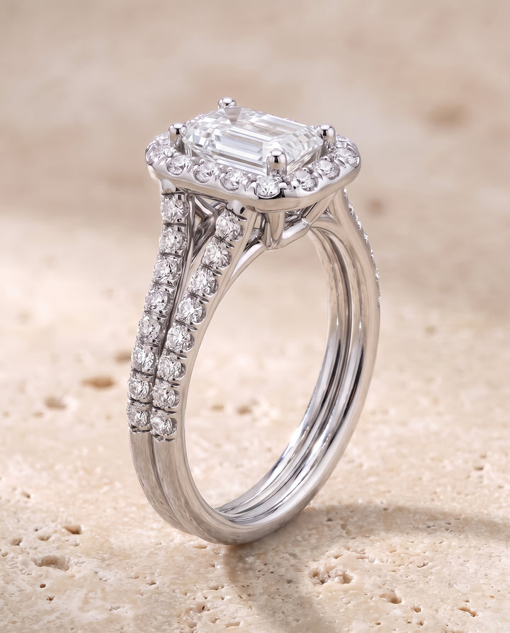 The Lira French Pavé Split Shank Halo Emerald Cut Engagement Ring Setting in Platinum