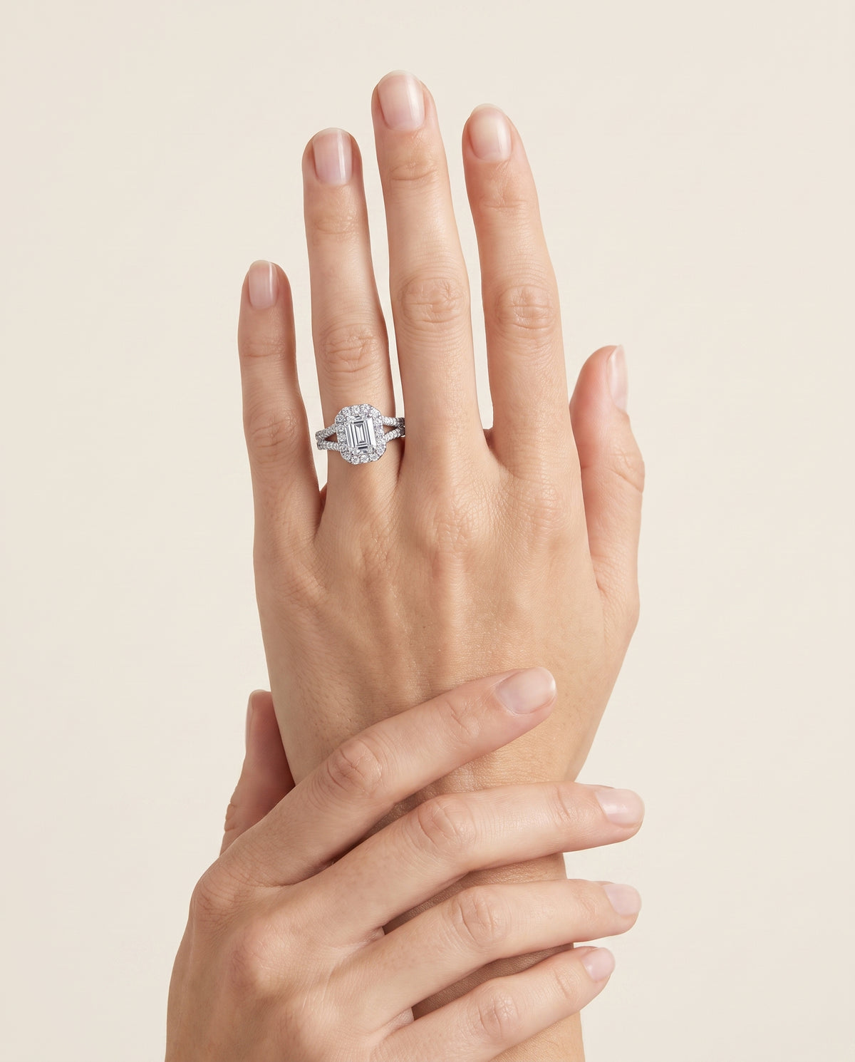 The Lira French Pavé Split Shank Halo Emerald Cut Engagement Ring Setting in Platinum