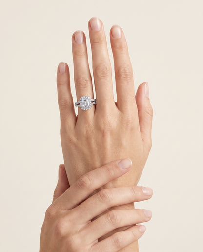 The Lira French Pavé Split Shank Halo Emerald Cut Engagement Ring Setting in Platinum