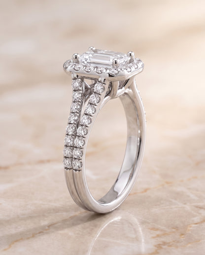 The Lira French Pavé Split Shank Halo Emerald Cut Engagement Ring Setting in Platinum