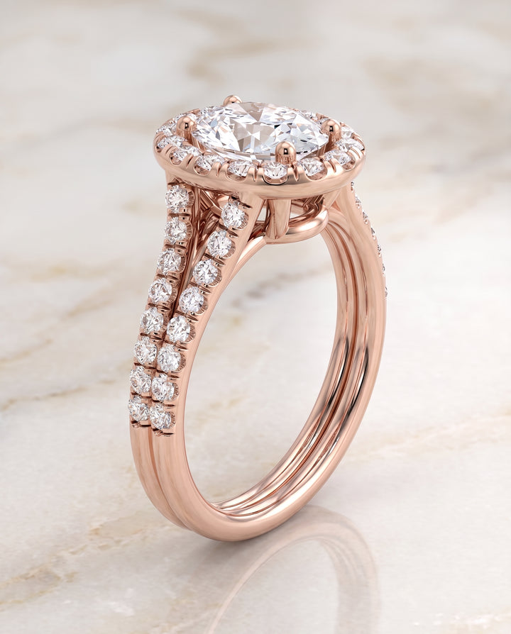 The Lira French Pavé Split Shank Halo Oval Engagement Ring Setting in 14K Rose Gold