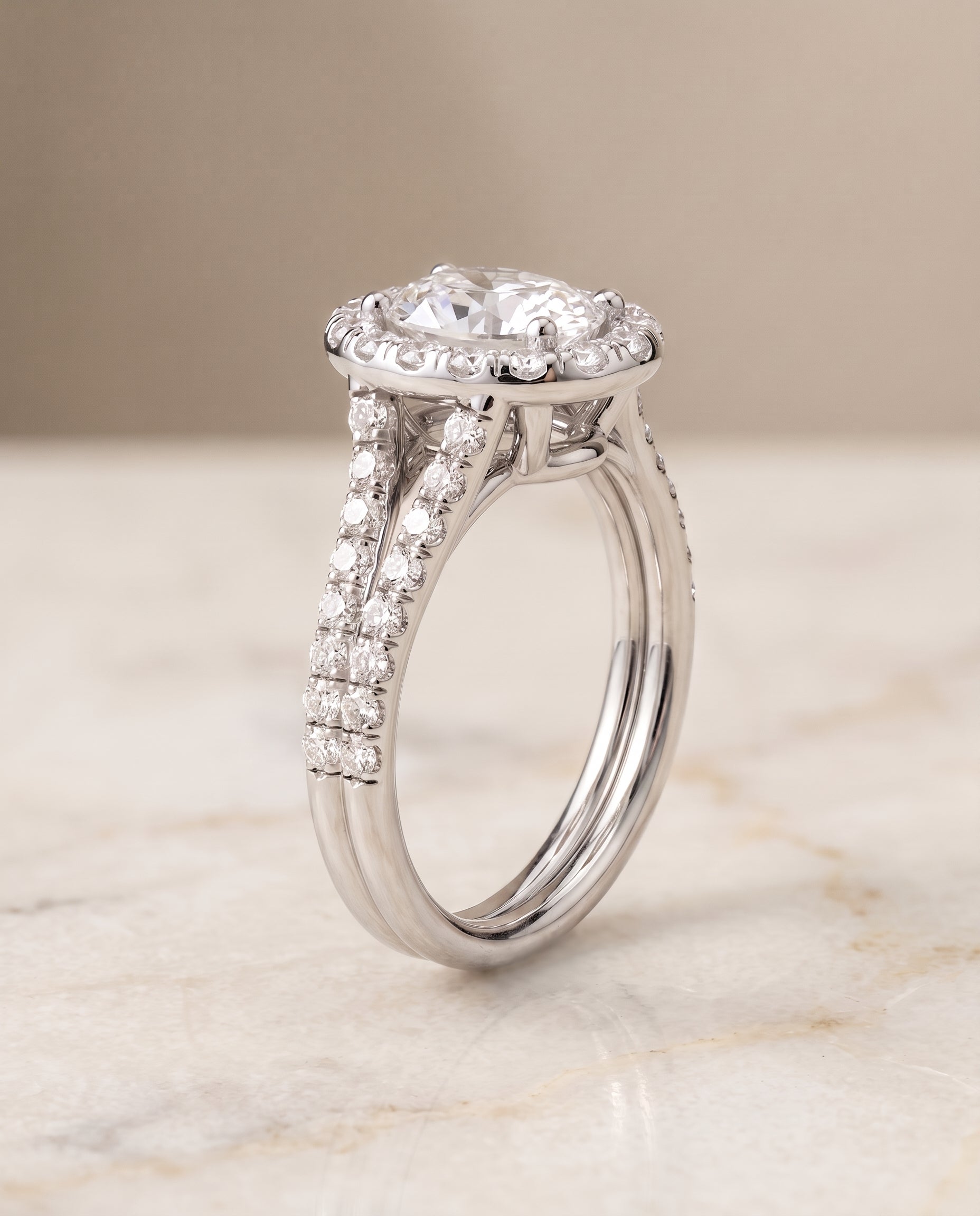 French Pavé Split Shank Halo styling on The Lira oval engagement ring setting | RockHer