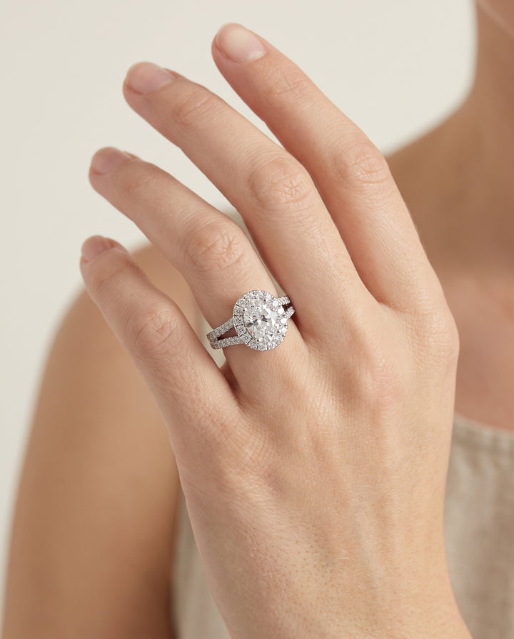 The Lira French Pavé Split Shank Halo Oval Engagement Ring Setting in Platinum