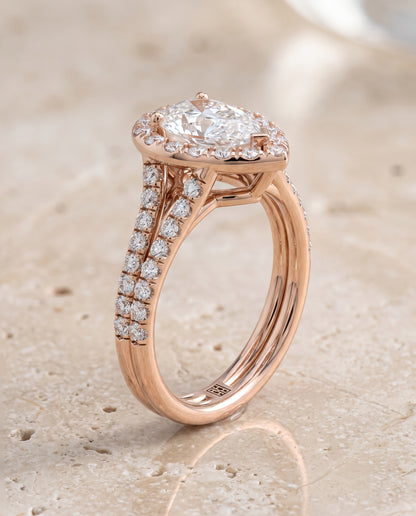 The Lira French Pavé Split Shank Halo Pear Engagement Ring Setting in 14K Rose Gold
