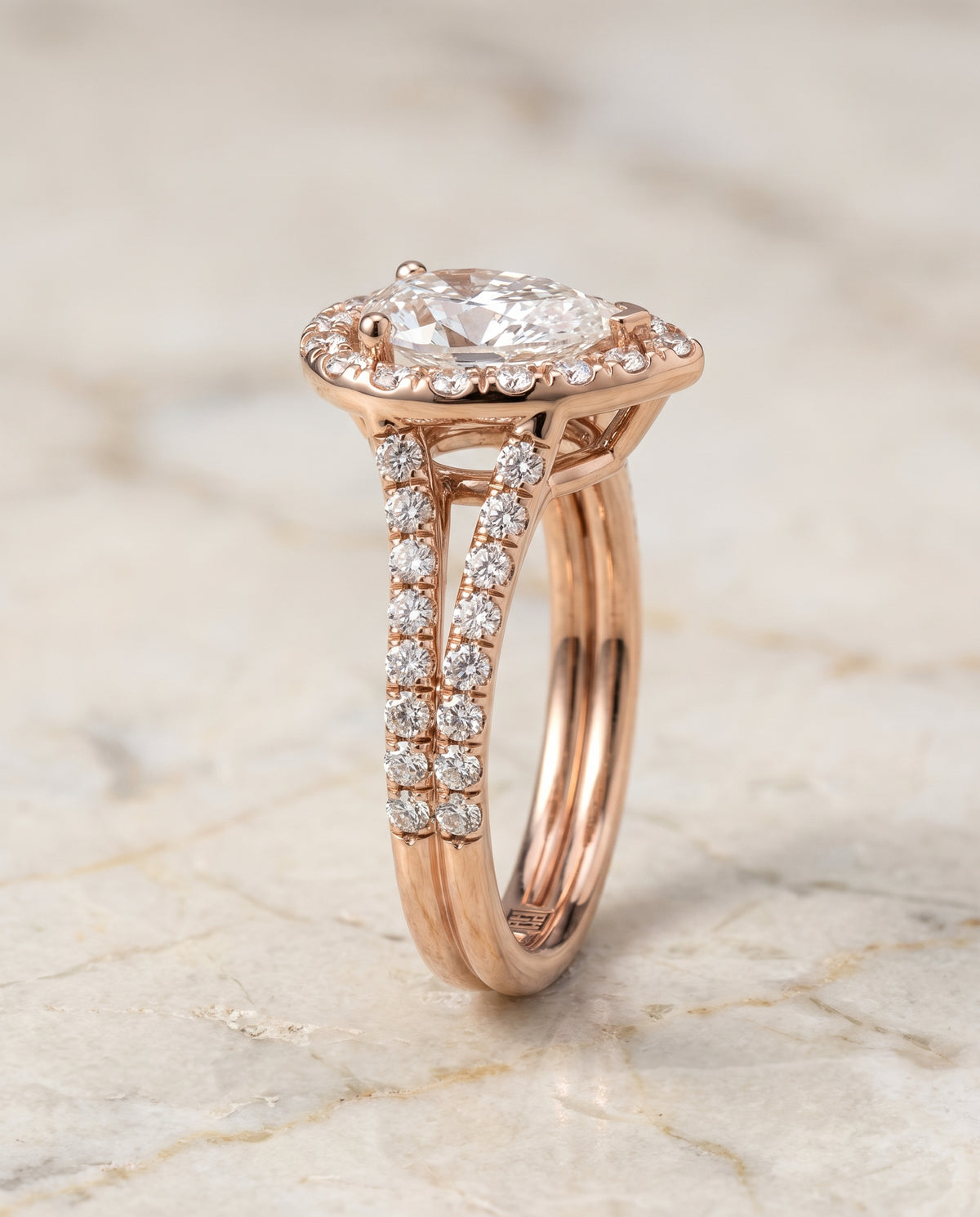 The Lira French Pavé Split Shank Halo Pear Engagement Ring Setting in 14K Rose Gold