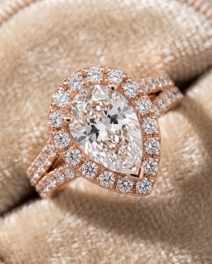 The Lira French Pavé Split Shank Halo Pear Engagement Ring Setting in 14K Rose Gold