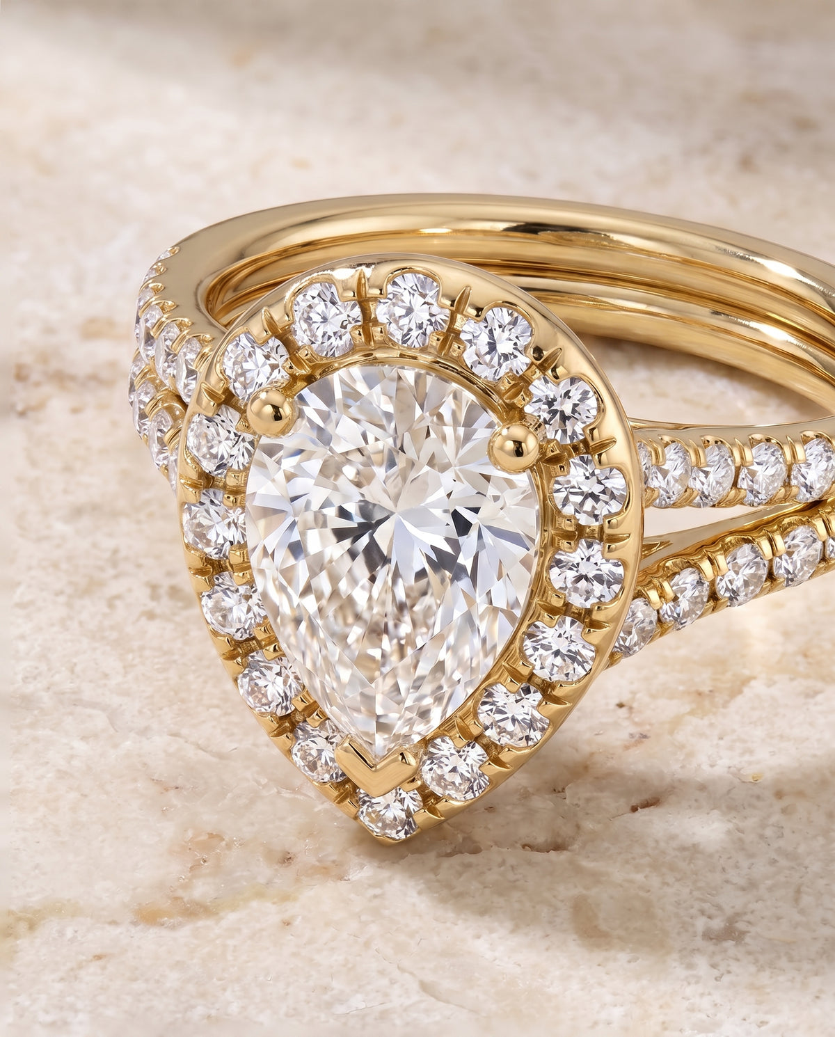 The Lira French Pavé Split Shank Halo Pear Engagement Ring Setting in 18K Yellow Gold