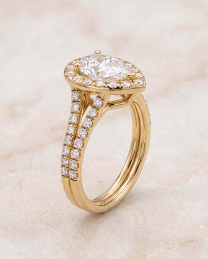 The Lira French Pavé Split Shank Halo Pear Engagement Ring Setting in 18K Yellow Gold