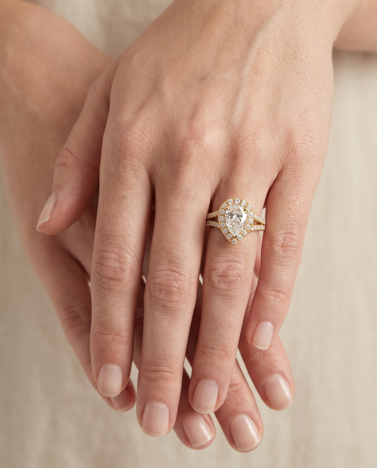The Lira French Pavé Split Shank Halo Pear Engagement Ring Setting in 18K Yellow Gold