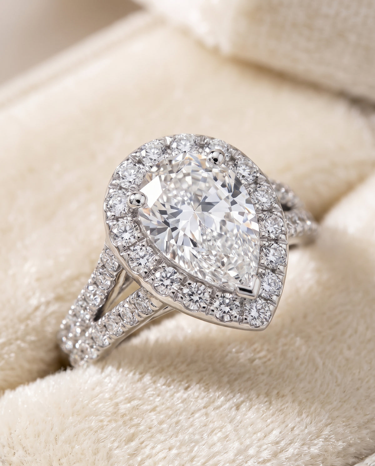 The Lira French Pavé Split Shank Halo Pear Engagement Ring Setting in Platinum